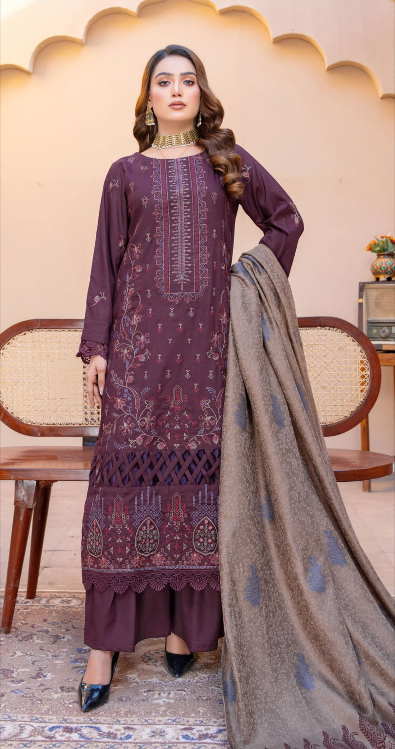 Unstitched Dhanak Embroidered 3-Piece with Wool Shawl