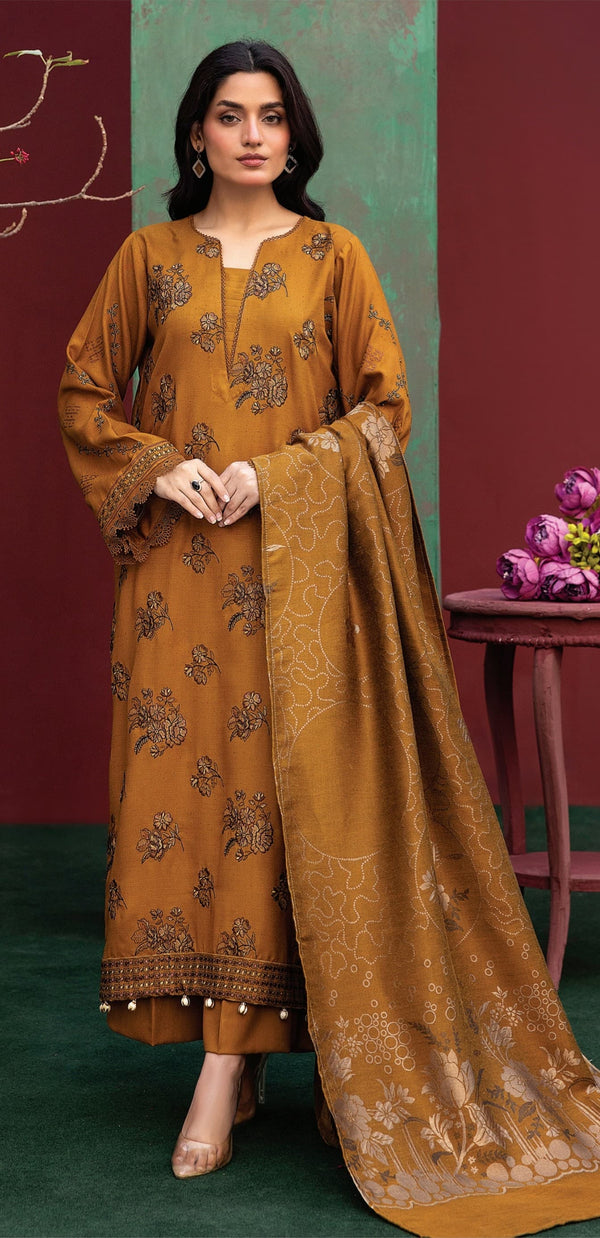 Saadgi Premium embroidered zari suit with floral designs, featuring a fancy Jacquard shawl and matching trousers, offering a blend of elegance and comfort.